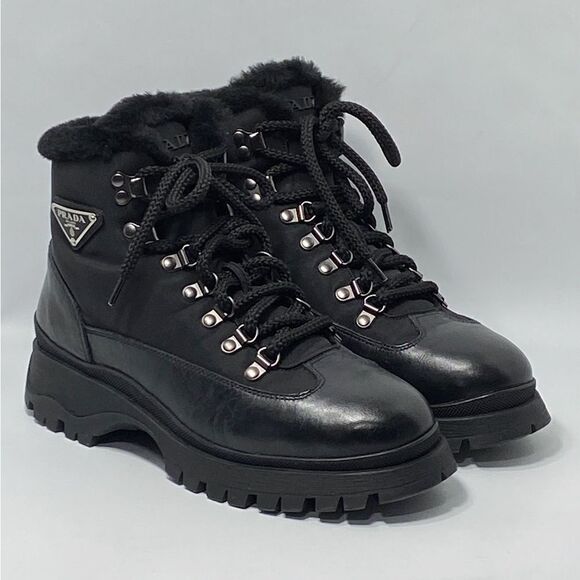 Prada Brixxen 38 Shearling-Lined Leather & Nylon Hiking Boots size 37.5 - Picture 5 of 13